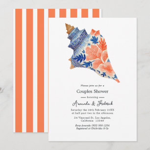 Coral & Navy Seashell Coastal Beach Couples Shower Invitation