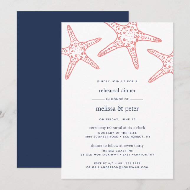 Coral & Navy Starfish Rehearsal Dinner Invitation (Front/Back)