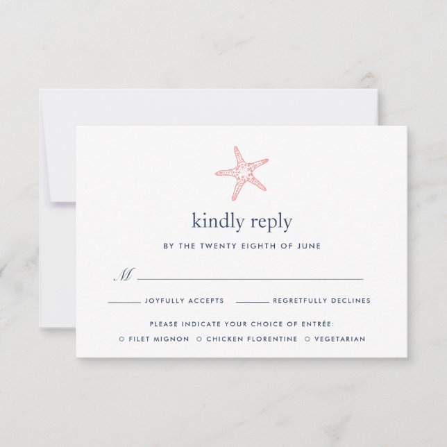 Coral & Navy Starfish RSVP Card w/ Meal Choice (Front)