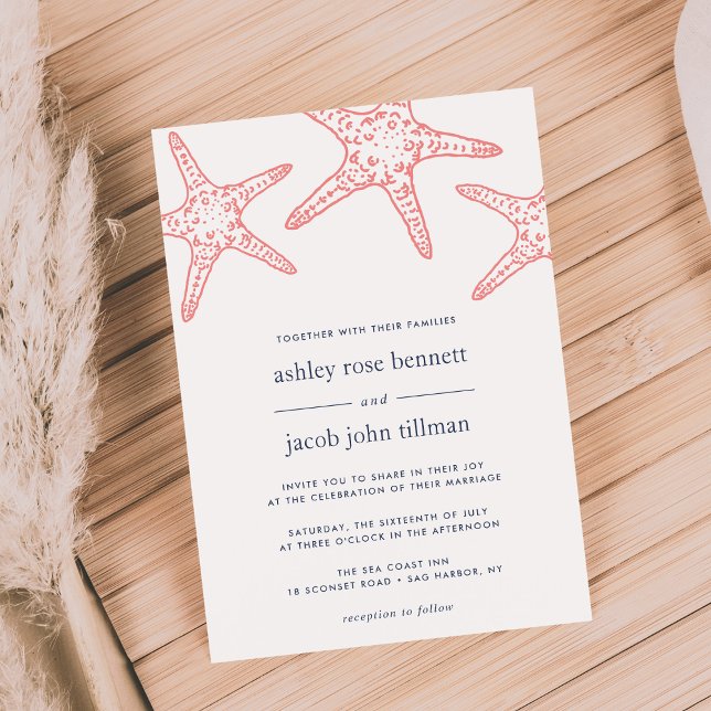 Coral & Navy Starfish Wedding Invitation (Creator Uploaded)