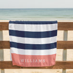 Coral & Navy Stripe Personalized Beach Towel<br><div class="desc">Preppy chic personalized beach towel in coral and navy features classic wide navy blue and white stripes,  with your name or choice of personalization along the bottom in bold white lettering on a band of vibrant,  summery coral.</div>