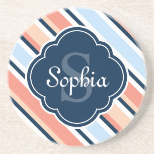 Coral Navy Tilted Stripe Pattern Coaster