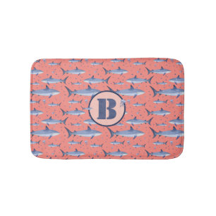 Coral & Navy Watercolor Monogram Shark Sea Life Bath Mat