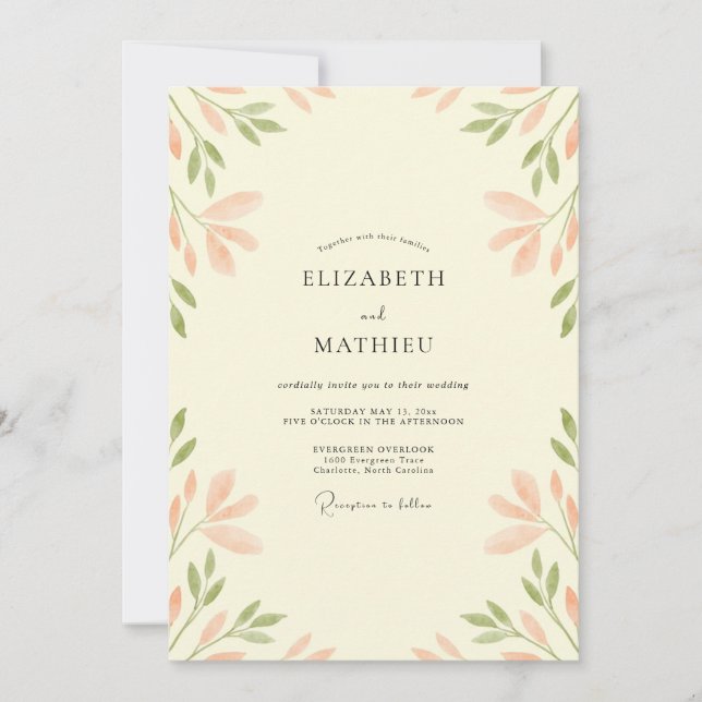 Coral Olive Leafy Wedding Invitation (Front)
