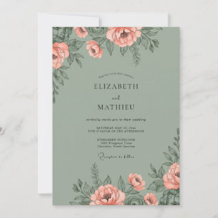 Coral Olive Peony Wedding Invitation