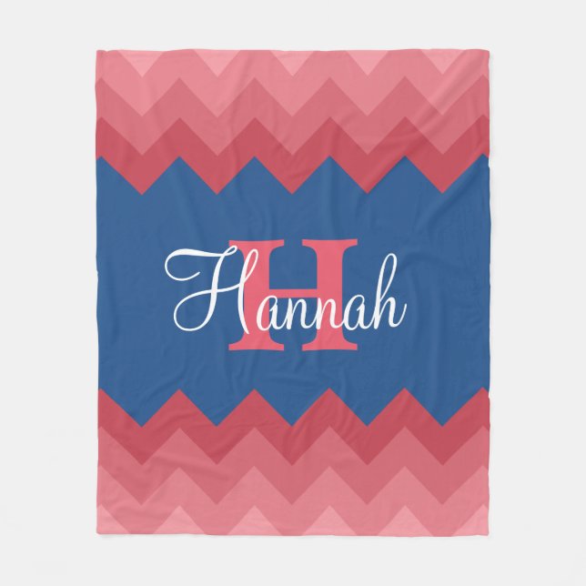 Coral Ombre Chevrons Monogram Fleece Blanket (Front)