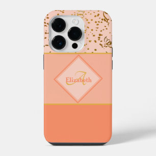 Coral Ombre Gold Confetti Monogram Template iPhone 14 Pro Case