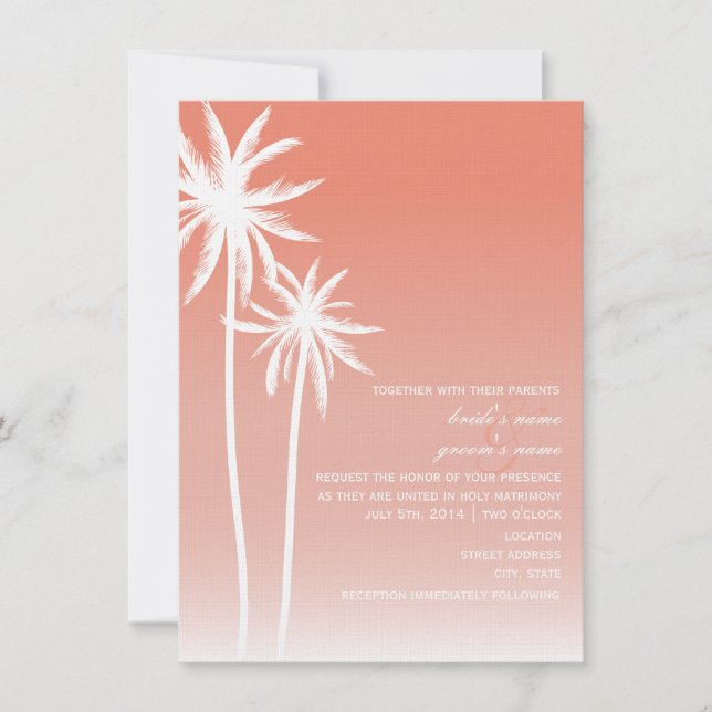 Coral Ombré Palm Trees Beach Wedding Invitation (Front)