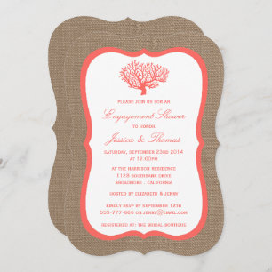 Coral On Burlap Boho Beach Engagement Shower Invitation