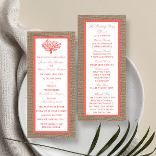 Coral On Burlap Boho Beach Wedding Program Rack Card