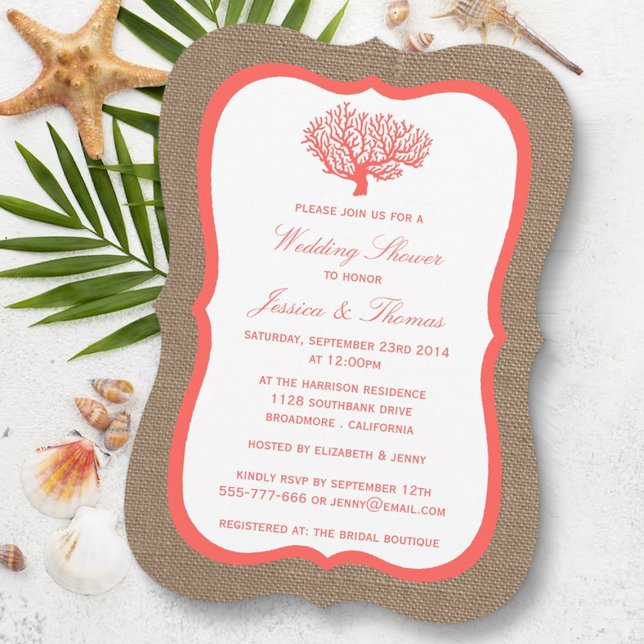 Coral On Burlap Boho Beach Wedding Shower Invitation (Creator Uploaded)