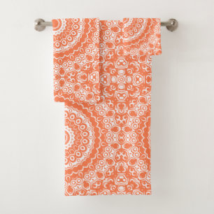 Coral on White Mandala Kaleidoscope Medallion Bath Towel Set