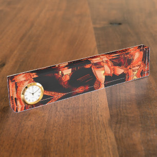 Coral or dark salmon destroyed, black background nameplate