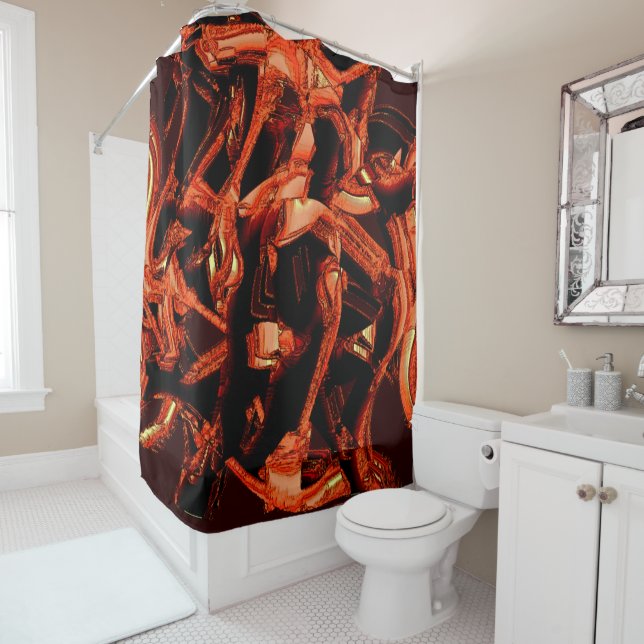 Coral or dark salmon destroyed, black background shower curtain (In Situ)