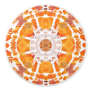 Coral Orange and Cream Batik Medallion Pattern Ceramic Knob