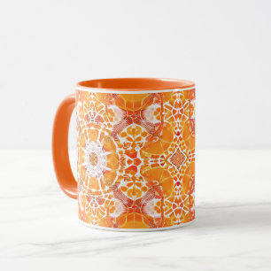 Coral Orange and Cream Batik Medallion Pattern Mug