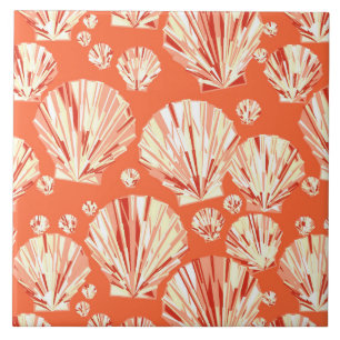 Coral Orange and White Sea Shells Tile