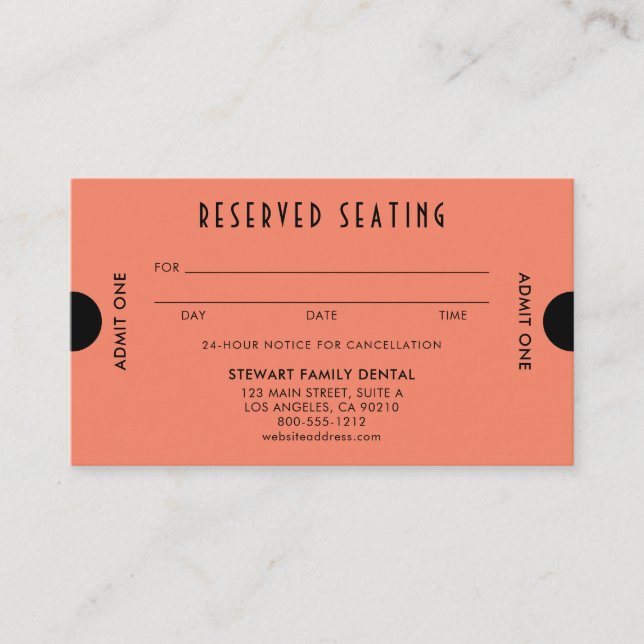 Coral Orange Art Deco Reserved Seating Dental Appointment Card (Front)