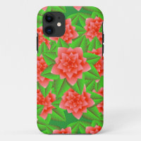 Coral Orange Camellias and Green Leaves