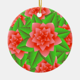 Coral Orange Camellias and Green Leaves Ceramic Tree Decoration