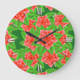 Coral Orange Camellias and Green Leaves Large Clock