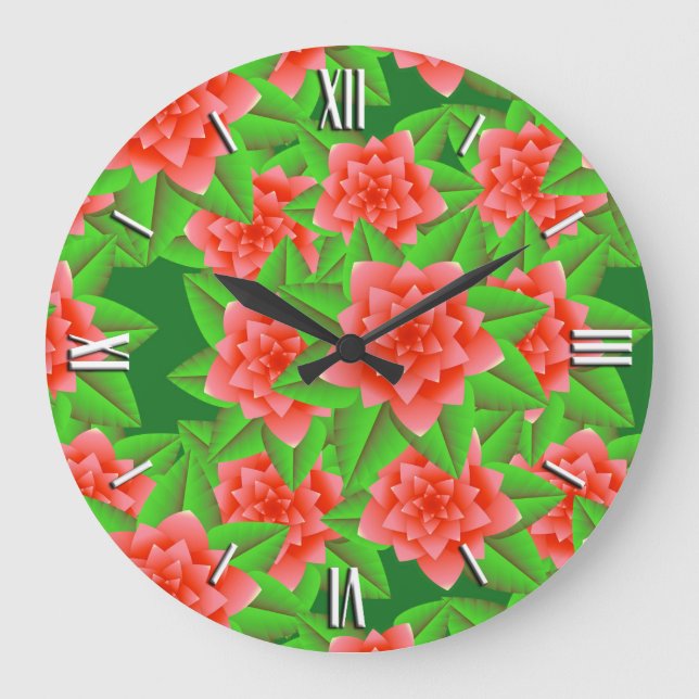 Coral Orange Camellias and Green Leaves Large Clock (Front)