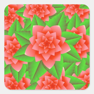 Coral Orange Camellias and Green Leaves Square Sticker