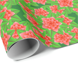 Coral Orange Camellias and Green Leaves Wrapping Paper