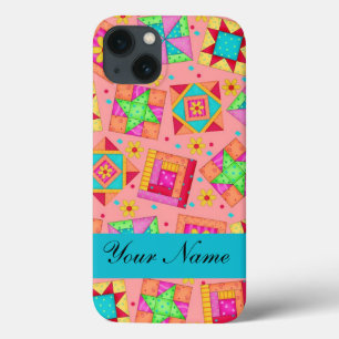 Coral Orange Colourful Patchwork Quilt Block Custo iPhone 13 Case