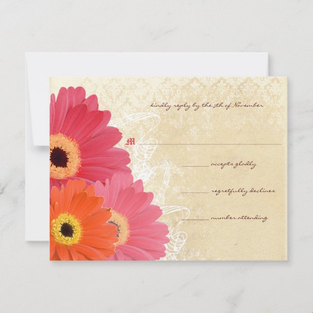 Coral & Orange Gerber Daisy Wedding Invitation (Front)