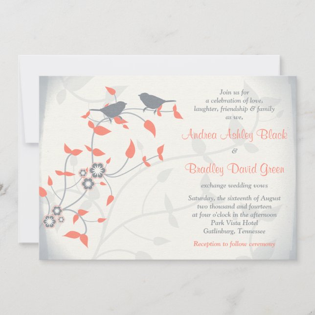 Coral Orange Grey Birds Leaves Wedding Invitation (Front)