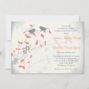 Coral Orange Grey Birds Leaves Wedding Invitation