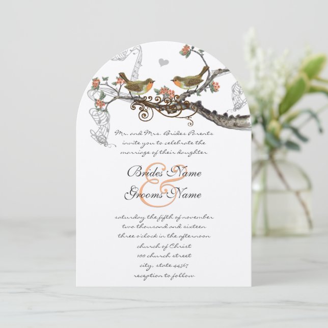 Coral Orange Grey Rustic Love Bird Wedding Invite (Standing Front)
