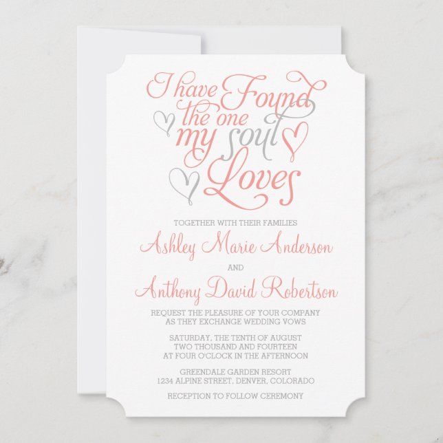 Coral Orange Grey Soul Loves Heart Wedding Invitation (Front)