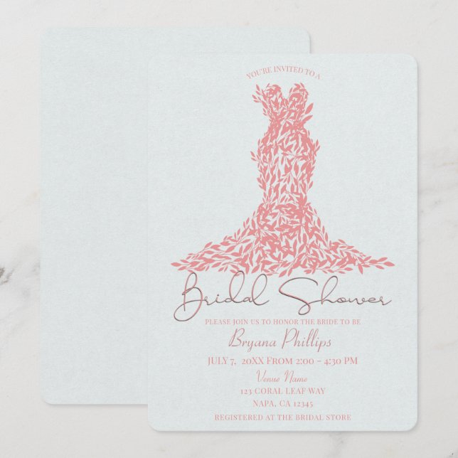 Coral Orange Leaves Dress Modern Bridal Shower Invitation (Front/Back)