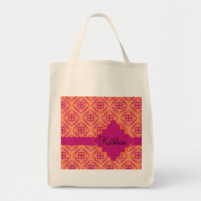 Coral Orange & Magenta Arabesque Moroccan Tote Bag (Front)