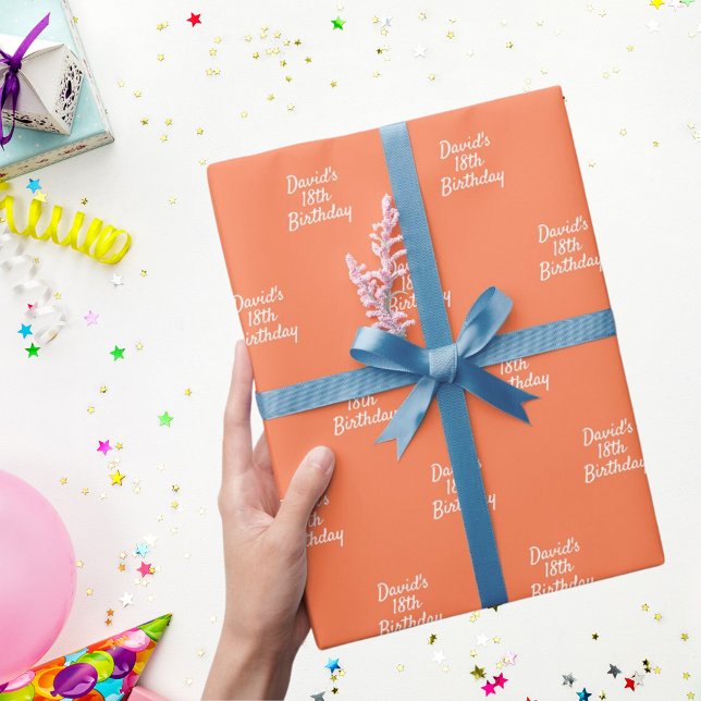 Coral orange name script wrapping paper (Creator Uploaded)
