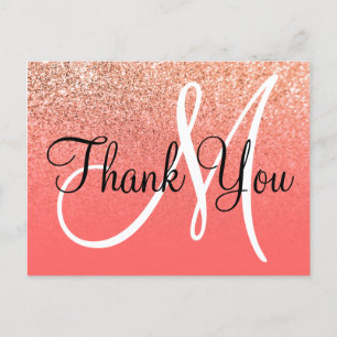 Coral Orange Ombre Glitter Monogram Thank You Postcard