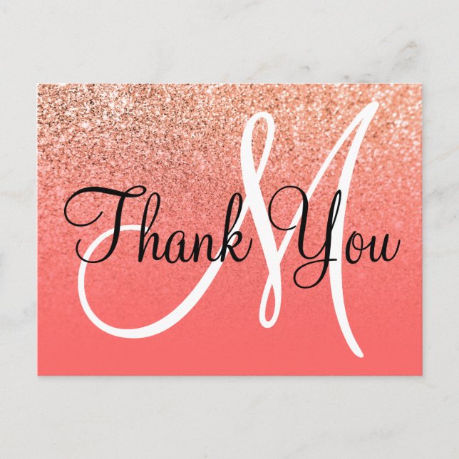Coral Orange Ombre Glitter Monogram Thank You Postcard (Front)