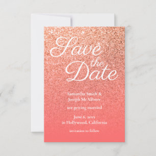 Coral Orange Ombre Glitter Save the Date Invitation