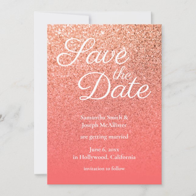 Coral Orange Ombre Glitter Save the Date Invitation (Front)