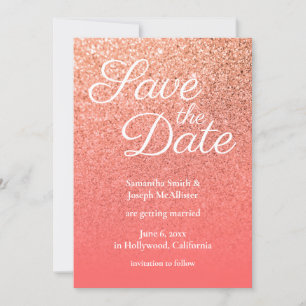 Coral Orange Ombre Glitter Save the Date Invitation