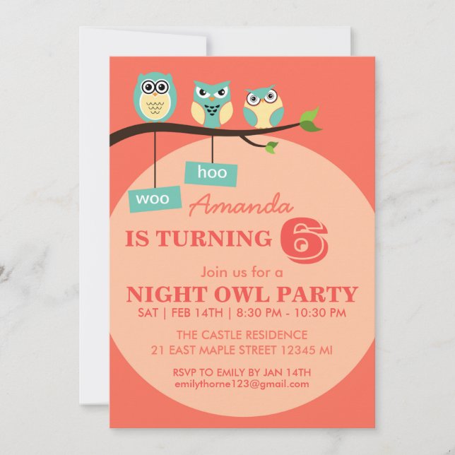 Coral orange Owl Polka Dots Birthday Invitation (Front)