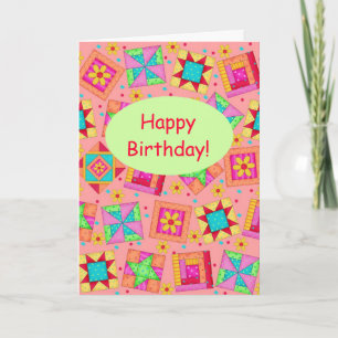 Coral Orange Patchwork Quilt Art Happy Birthday Card