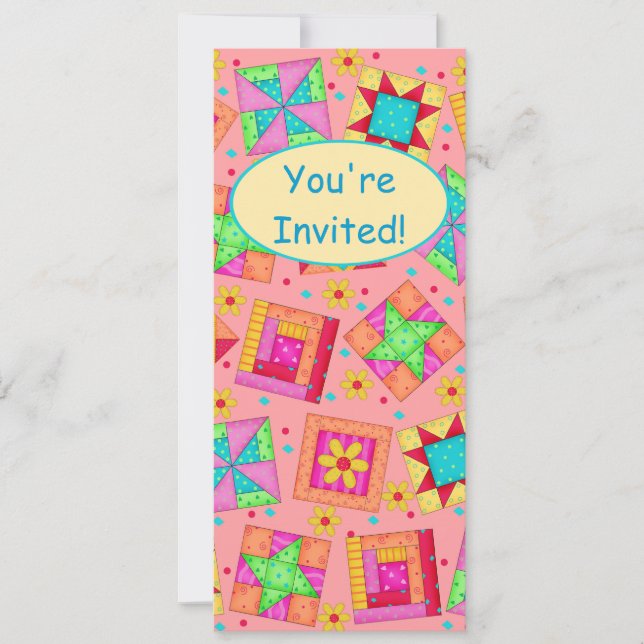 Coral Orange Patchwork Quilt Block Art Invitation (Front)