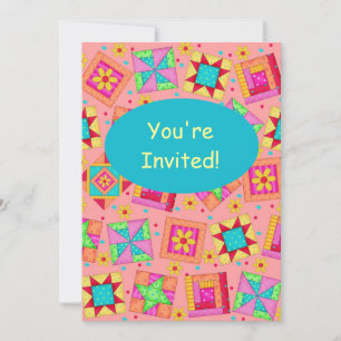 Coral Orange Patchwork Quilt Block Art Invitation