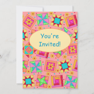 Coral Orange Patchwork Quilt Block Art Invitation