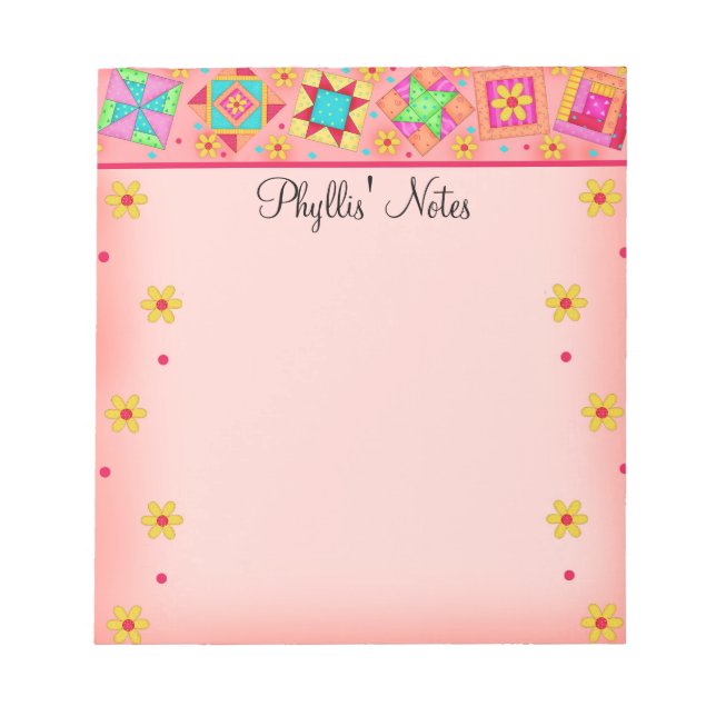 Coral Orange Patchwork Quilt Block Art Notepad (Front)