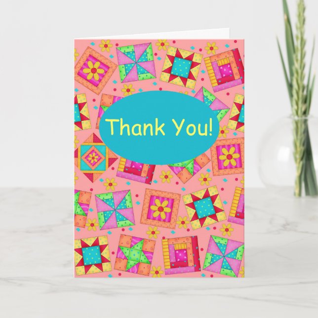 Coral Orange Patchwork Quilt Block Art Thank You (Front)