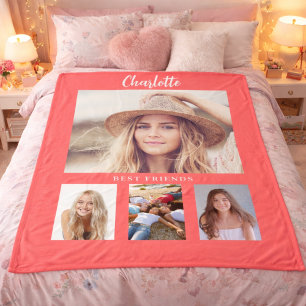 Coral orange photo collage girl friends fleece blanket